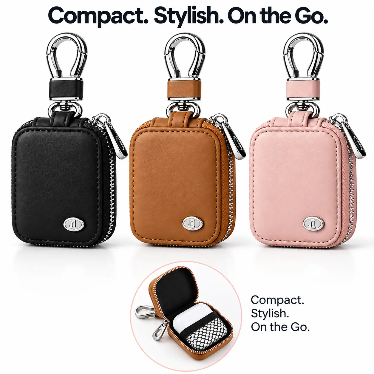 Universal Leather Earbud Case Compatible , Protective Storage Pouch with Mesh Pocket & Keychain, Waterproof Anti-Scratch Carrying Case for Wireless Earbuds & USB Cables
