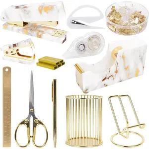 Office Desk Accessories Supplies - 13 Pcs Women Gold Marble Desk Decor Set, Cute Aesthetic Office Essentials Kit, Stapler Tape Dispenser Pen Organizer, Acrylic Mini Teacher Stuff for School Home Work