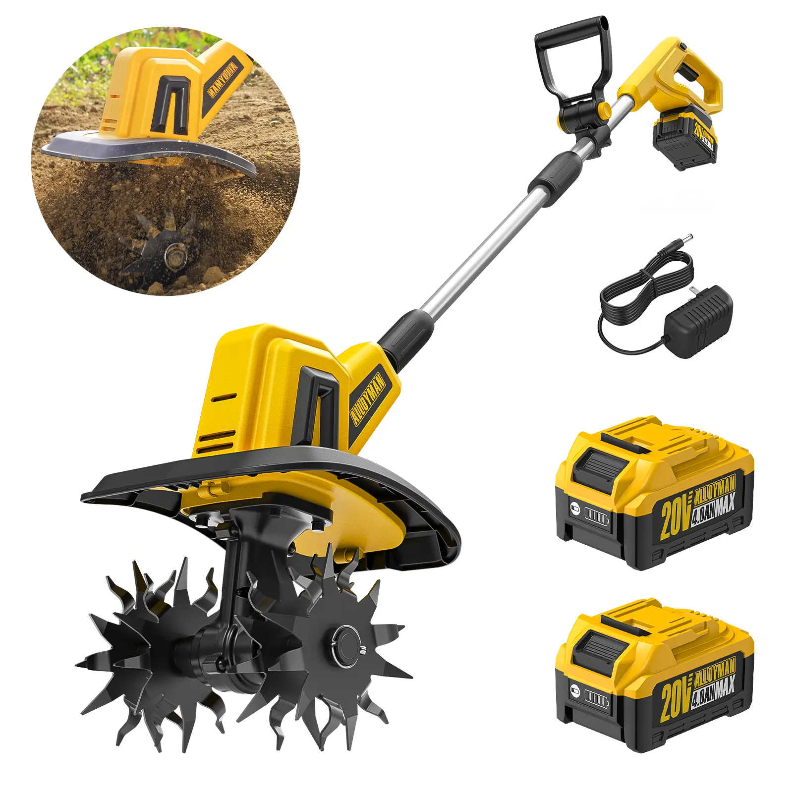 Alloyman 20V Cordless Tiller Cultivator, 360RPM Electric Garden Tiller, with 2 * 4.0Ah Batteries & Charger, 9In Tilling Width and 6.6In Depth Garden Rototiller for Lawn/Gardening/Soil Cultivation - Holiday Gift Ideas