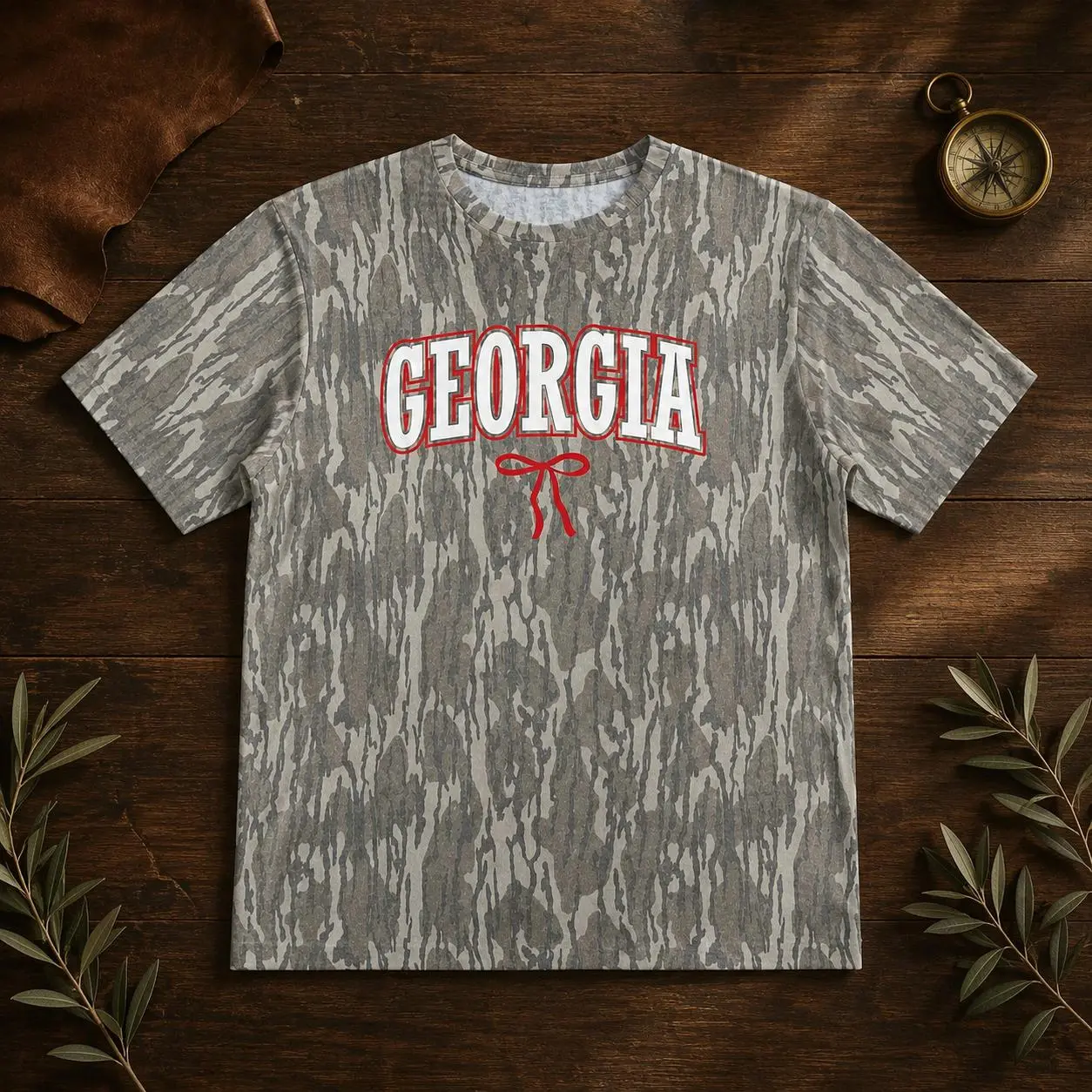 GEORGIA Camo Bow Graphic T-Shirt, Coquette Camouflage Tee, Southern Game Day Shirt for Women, Trendy Outdoor Gift