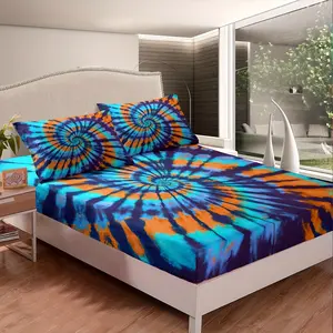 Tie-Dye Bed Sheet Set Bohemian Psychedelic Fitted Sheet Hippie Tie-Dye Bedding Set for Men and Women Bohemian Gypsy Bed Cover Blue and Orange Ultra Soft 3-Piece Set with 2 Pillowcases