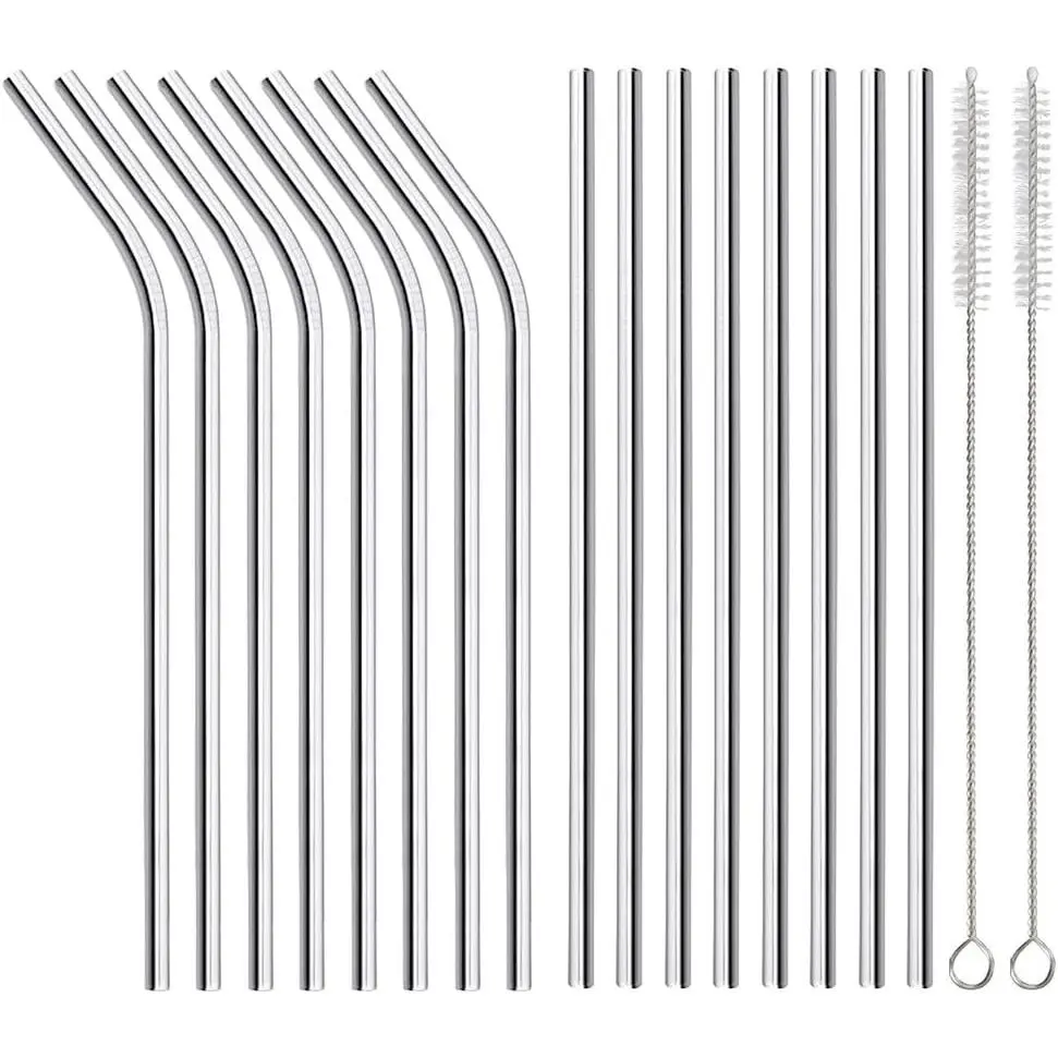 16 Pack of  Stainless Steel Metal Straws, 8 Straight + 8 Bent 8.5 inch Metal Straws with 2 Cleaning Brushes, Straw Compatible with 20oz  Cup