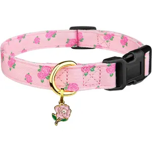 Cotton Handmade Dog Collar Cute and Distinctive Patterns Pink Rose with Pendant Cute Dog Collars for Small Medium Large Dogs Girl Dogs Boy Dogs S
