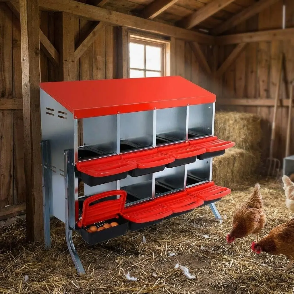 GARVEE Nesting Boxes for Chickens, Chickens Laying Boxes for Chicken Coop with Legs, 8 Compartments Chicken Nesting Boxes, with Removable Tray, Easy Cleaning, for Hens Outdoor Chicken Coop Farm Yard, Red