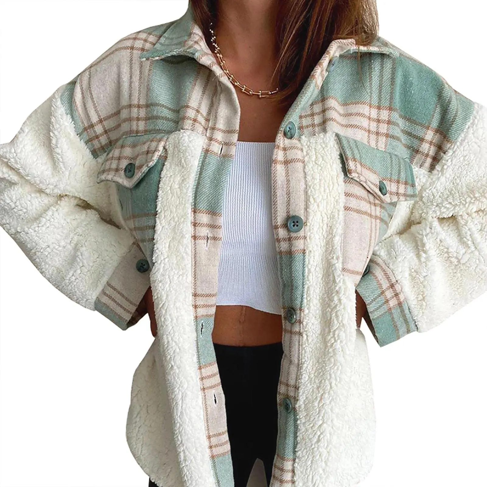 CHARTOU Women's Autumn Winter Flannel Checkered Shirt Jacket Lightweight Fury Coat with Pocket