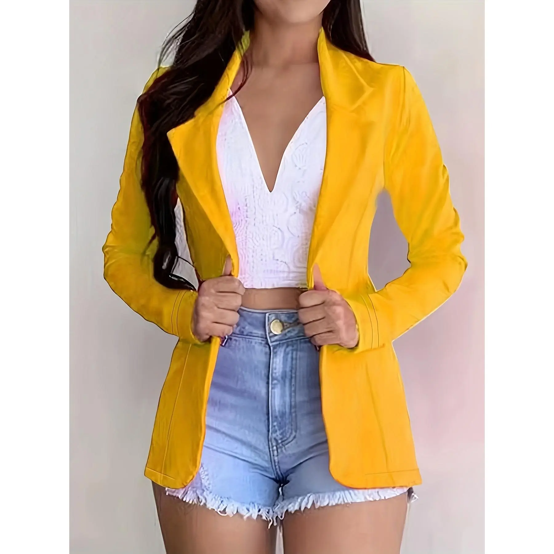 Women's Elegant Solid Loose-Fitting Knit Blazer with Long Sleeves and 1 Button Closure, Regular Length for All Seasons, Long Sleeve, Polyester, Lady, Machine Wash