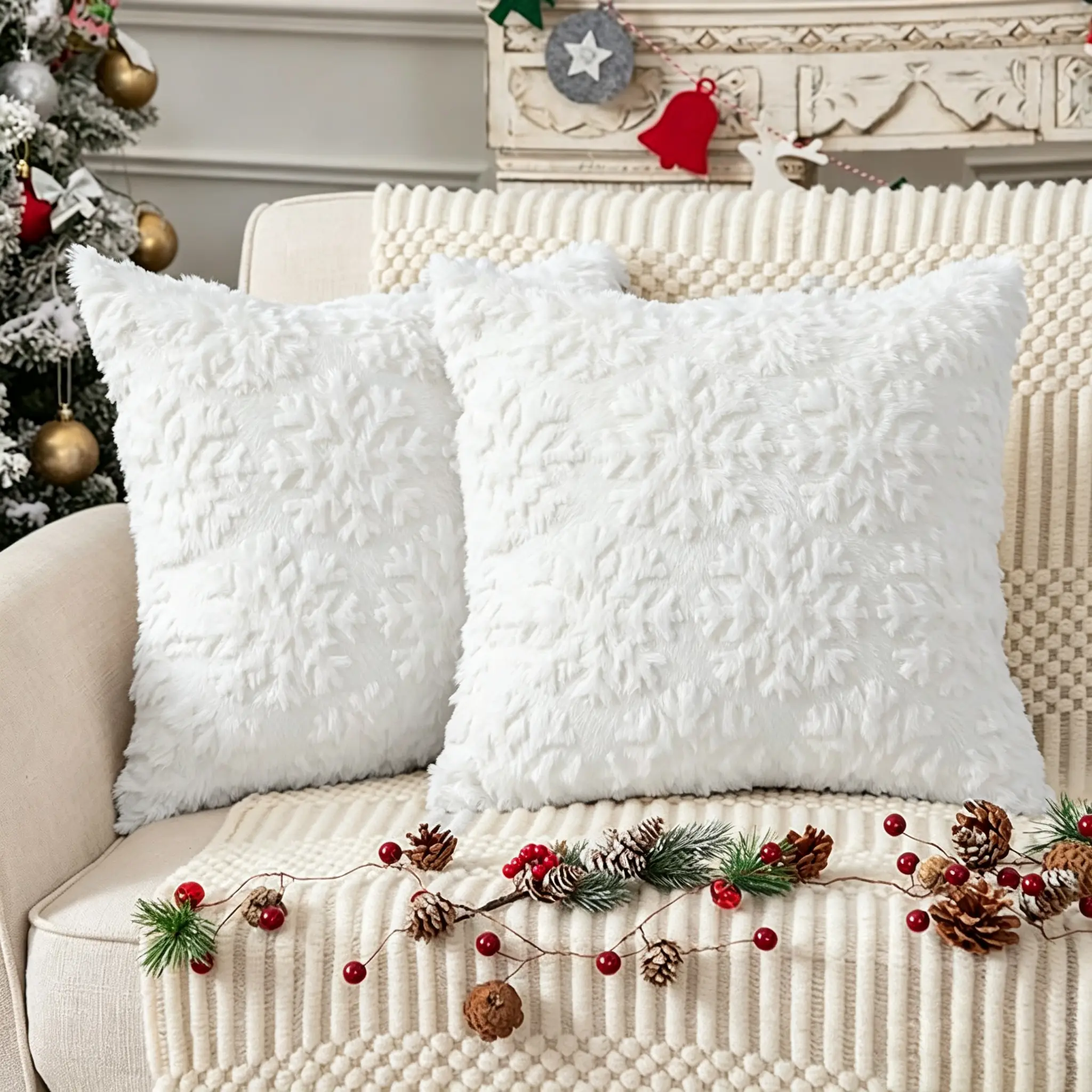 Christmas Snowflake Pillow Covers Set (2 Pack, 18in x 18in), Festive Throw Pillow Cases for Home Christmas Decorations Xmas Ornament homedecor