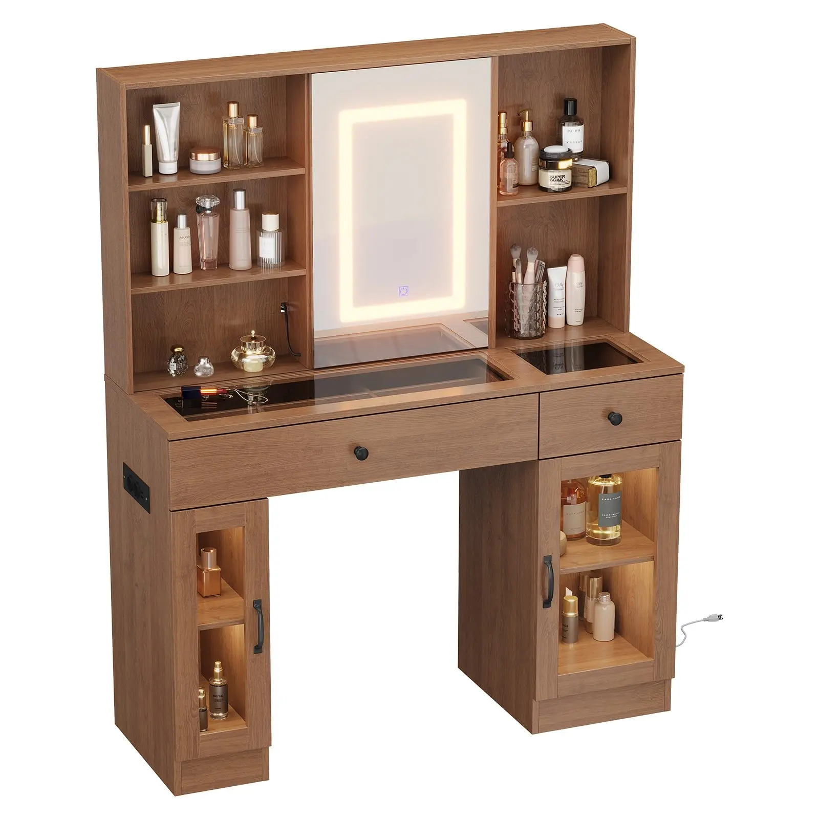 Garvee Large Vanity Desk with Sliding Mirror & 3-Color LED Lights, Makeup Dressing Table with Storage Drawers, Shelves, Cabinets, USB Outlets, MDF Beauty Station, Easy Assembly