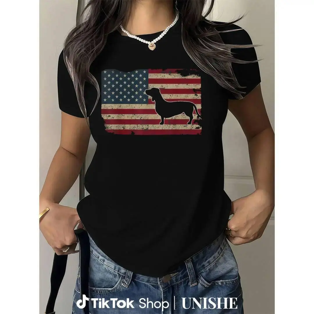 American Flag & Dachshund Casual T-Shirt – 100% Cotton Patriotic Weiner Dog Gift Tee