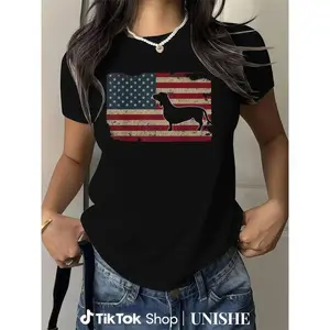 American Flag & Dachshund Casual T-Shirt – 100% Cotton Patriotic Weiner Dog Gift Tee