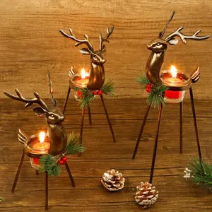 Three-Piece Reindeer-Shaped Tea Candle Holder Set Standing Wrought Iron Metal Christmas Decor Glass Wish Candle Holder Durable Rust-Resistant Holiday Tabletop Centerpiece & Display Stand