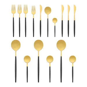 REGALWOVEN 16 Piece Silverware Set, Stainless Steel Flatware Set, Mirror Polished Cutlery Set, Serving Set for Kitchen Eating Tableware 16 PCS Black/Gold