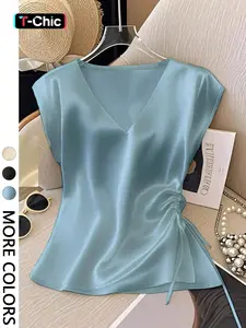 Women's Elegant Elegant Simple Solid Color V-Neck Batwing Sleeve Drawstring Ruched Satin Blouse Shirts, Summer Adjustable Top