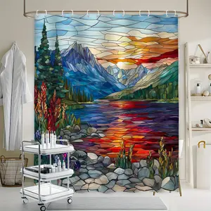 One Piece of a Shower Curtain Featuring a Sunset View Over a Mountain Lake, Showcasing Colorful Stained Glass Art with a Forest, Blooming Wildflowers, And a Reflective Lake. Made from Durable Polyester Fabric, Bathroom Curtain