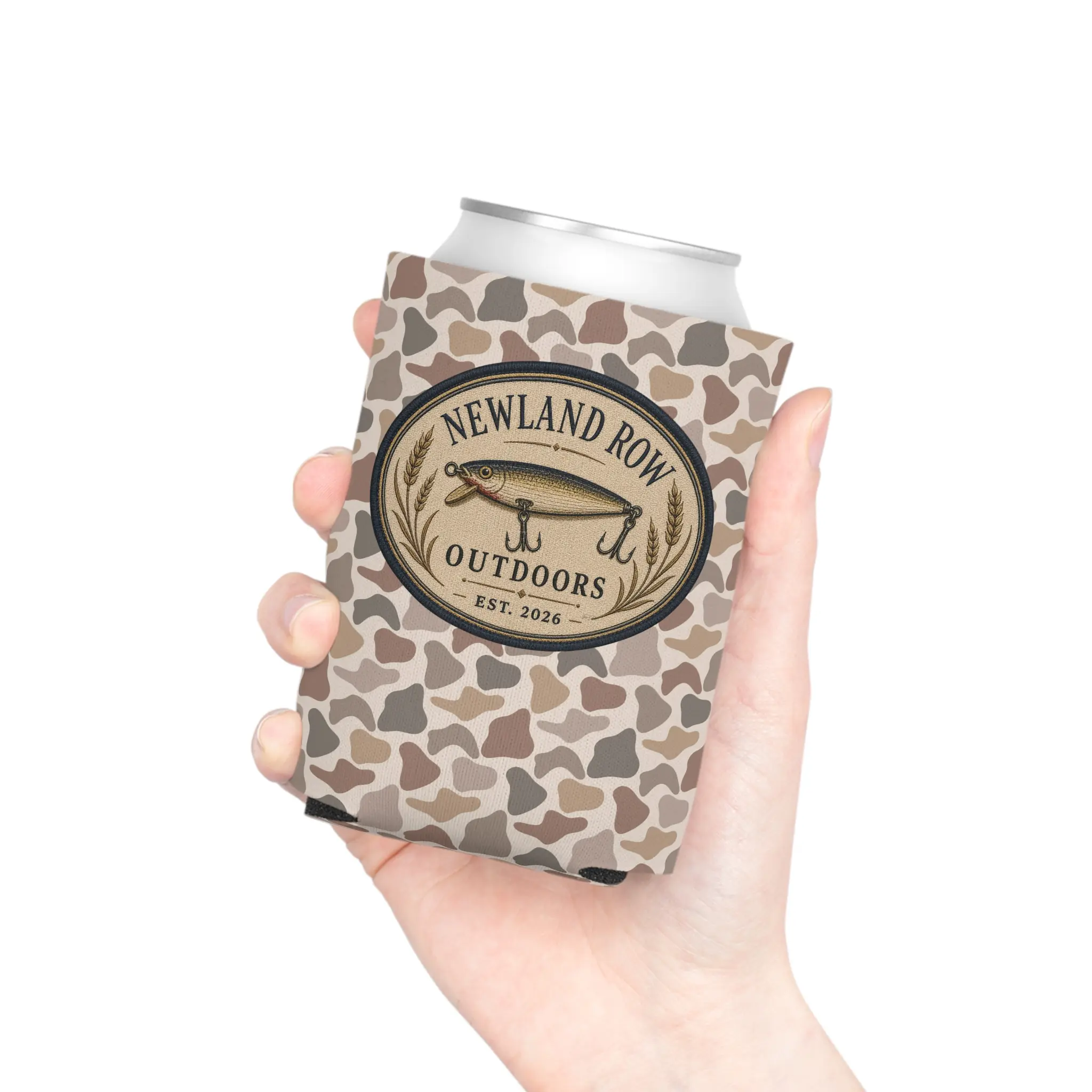 Fishing Lure Logo Can Cooler | Outdoors Camo Beverage Koozie