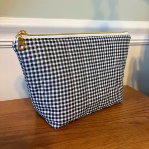 Handmade Gingham Makeup Bag - Classic Black and White Check Pattern, Vertical Quilted Stitching, Fully Lined Interior, Gold Zipper Closure
