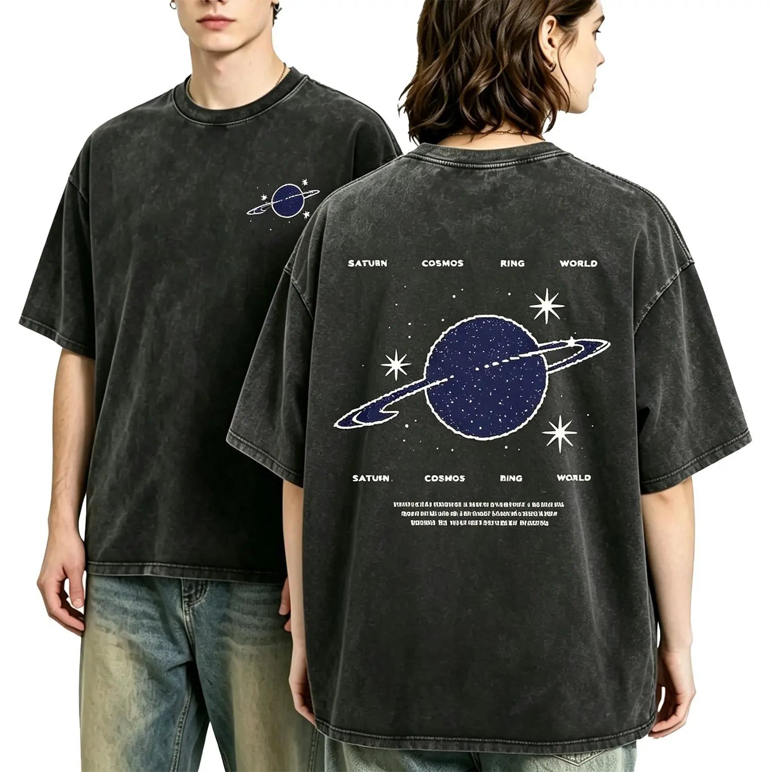 Women's Oversized Cotton Short-Sleeve Vintage Space Graphic T-Shirt - Retro Saturn Cosmos Pixel Print, Washed, Comfortable, Loose Everyday Unisex Casual Streetwear Top, Shortsleeve sohochic sohochic sohochic sohochic sohochic campingessentials