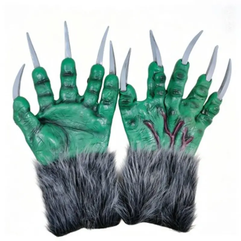 Halloween Cosplay Black Werewolf Claw Gloves, Latex & Plush Funny Party Props