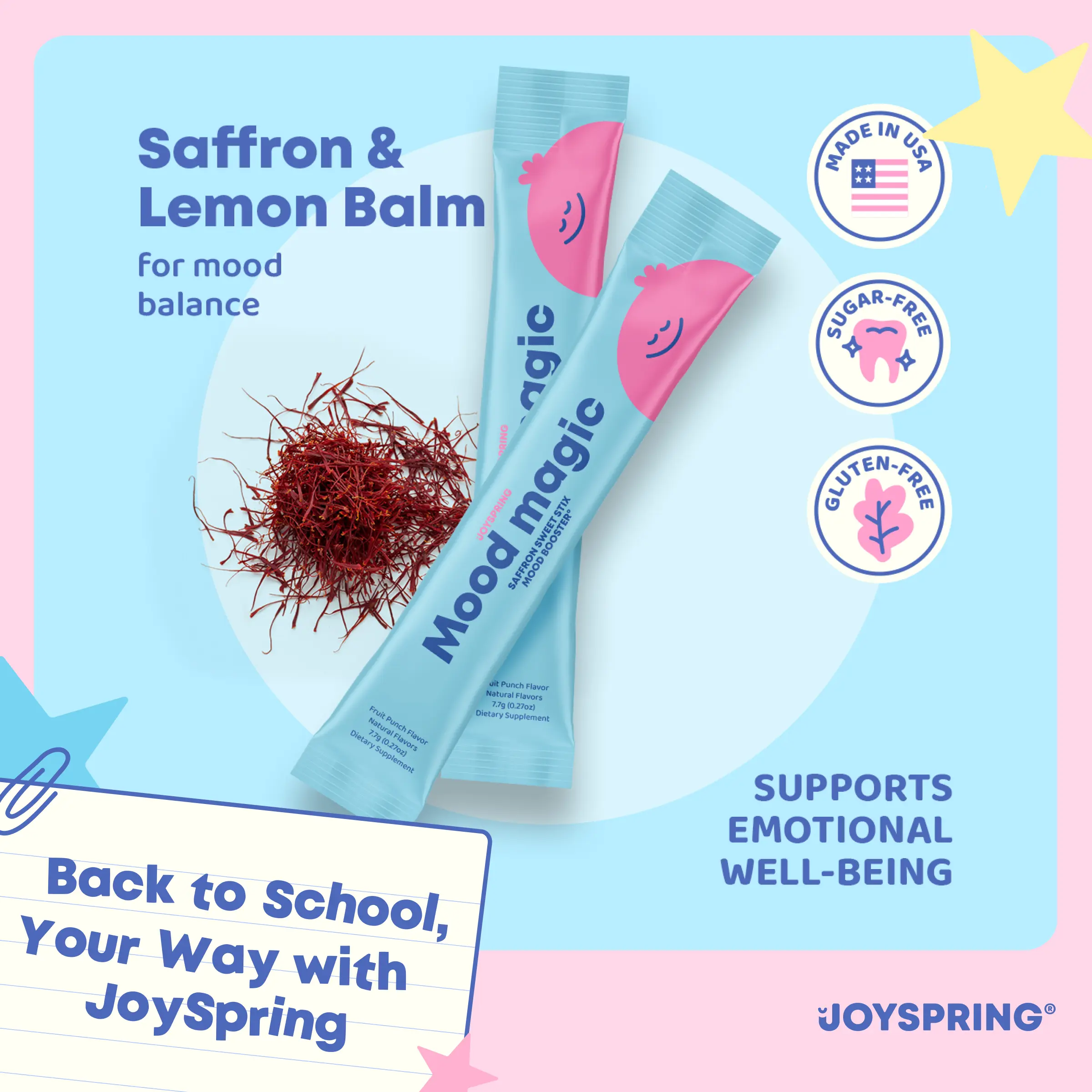 JoySpring Mood Saffron Natural Pixie Stick 25 Pack – Saffron Supplement | Unprocessed Mood Booster Support, Emotional Balance, Stress Relief, and Mental Clarity