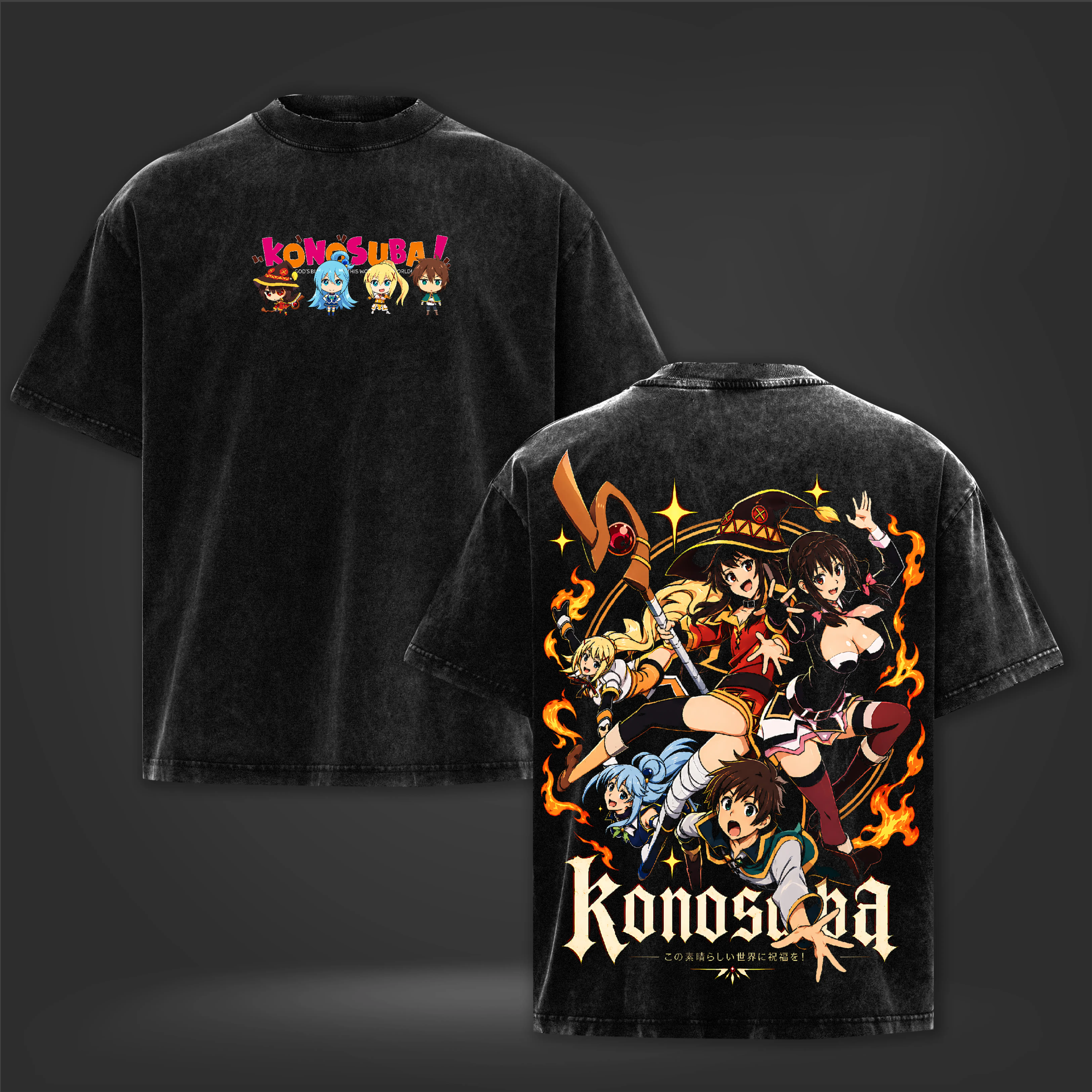 KonoSuba Kazuma Aqua Megumin Darkness Vintage Washed Black Graphic T-Shirt, Front and Back Print Unisex Anime Streetwear Tee