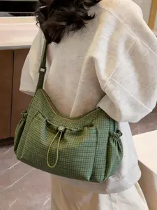 2026 New Plaid Drawstring Tote Bag for Women, Large Capacity Adjustable Strap, Lightweight Foldable Commuter Bag, Multi-Color Casual Shoulder Bag