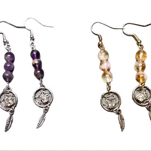 Dreamcatcher Earrings with Crystal Beads and Feather Charms Dream Catcher Design Jewelry