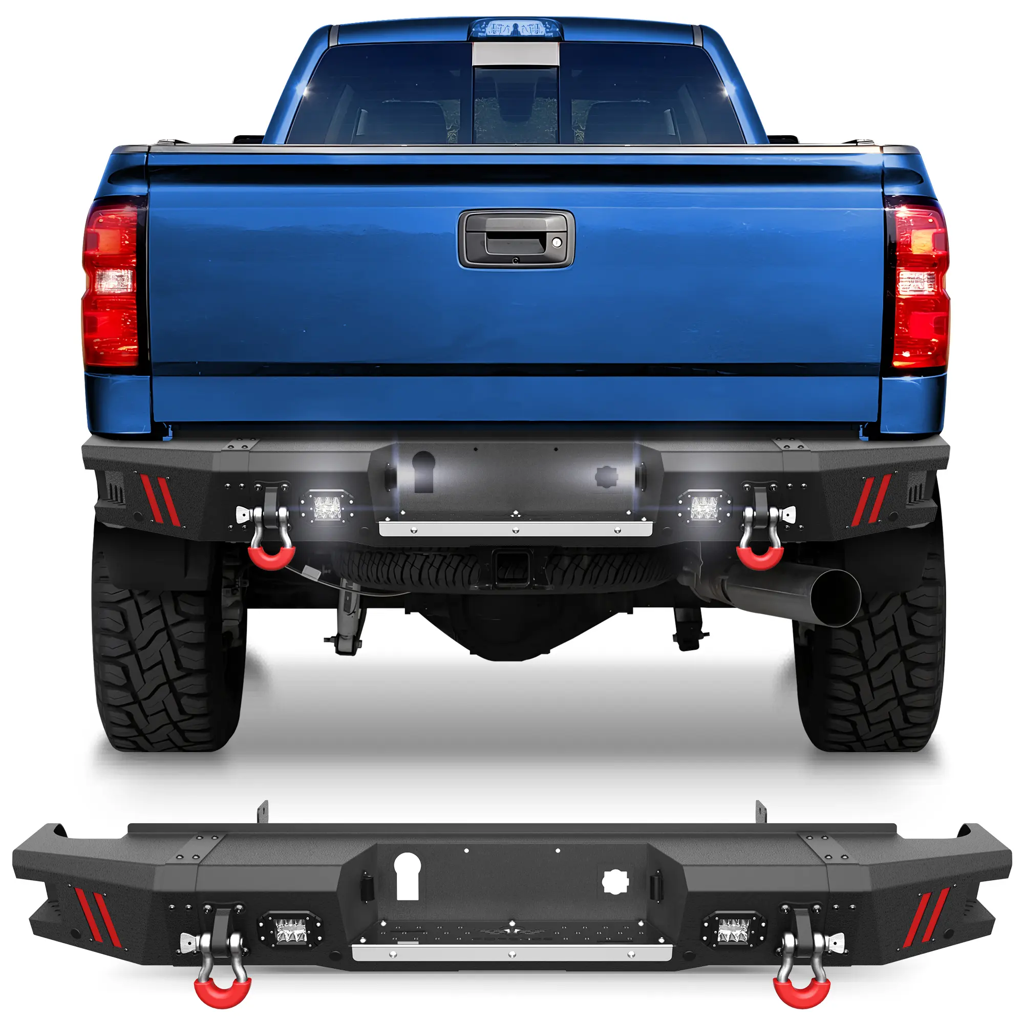 POFENZE-Mestan Silverado Rear Bumper for Chevy Silverado/GMC Sierra 2500/3500 2015-2019, Pickup Truck Bumper for Chevy Silverado/GMC Sierra 2500/3500, w/Step Plate, Lights, Sensor Holes and D-rings fck bars rigid industries Front Winch drings