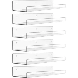 6 Pack Acrylic Shelves for Wall Storage, 15" x 4“ Floating Bookshelves for Kids, Display Shelf Organizer for Bathroom, Bedroom, Living Room, Kitchen, Room Decor, Clear