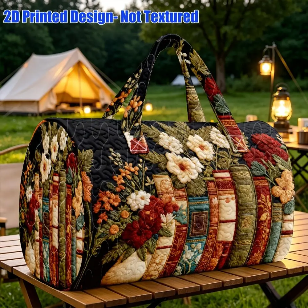 1pc Vintage Book Floral Black Quilted Boston Bag Dark Academic Literary Style Suitable for Women Who Love Classic Literature Large Capacity Overnight Short Trip Halloween Thanksgiving Christmas Random Print