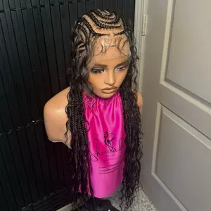 Full Lace High Quality Synthetic Boho Cornrow baddie Braided Wig for Black Women Knotless Blonde Wavy Curls Mesh Dome Cap Elastic Band Comfortable All-Day Wear Unisex Style