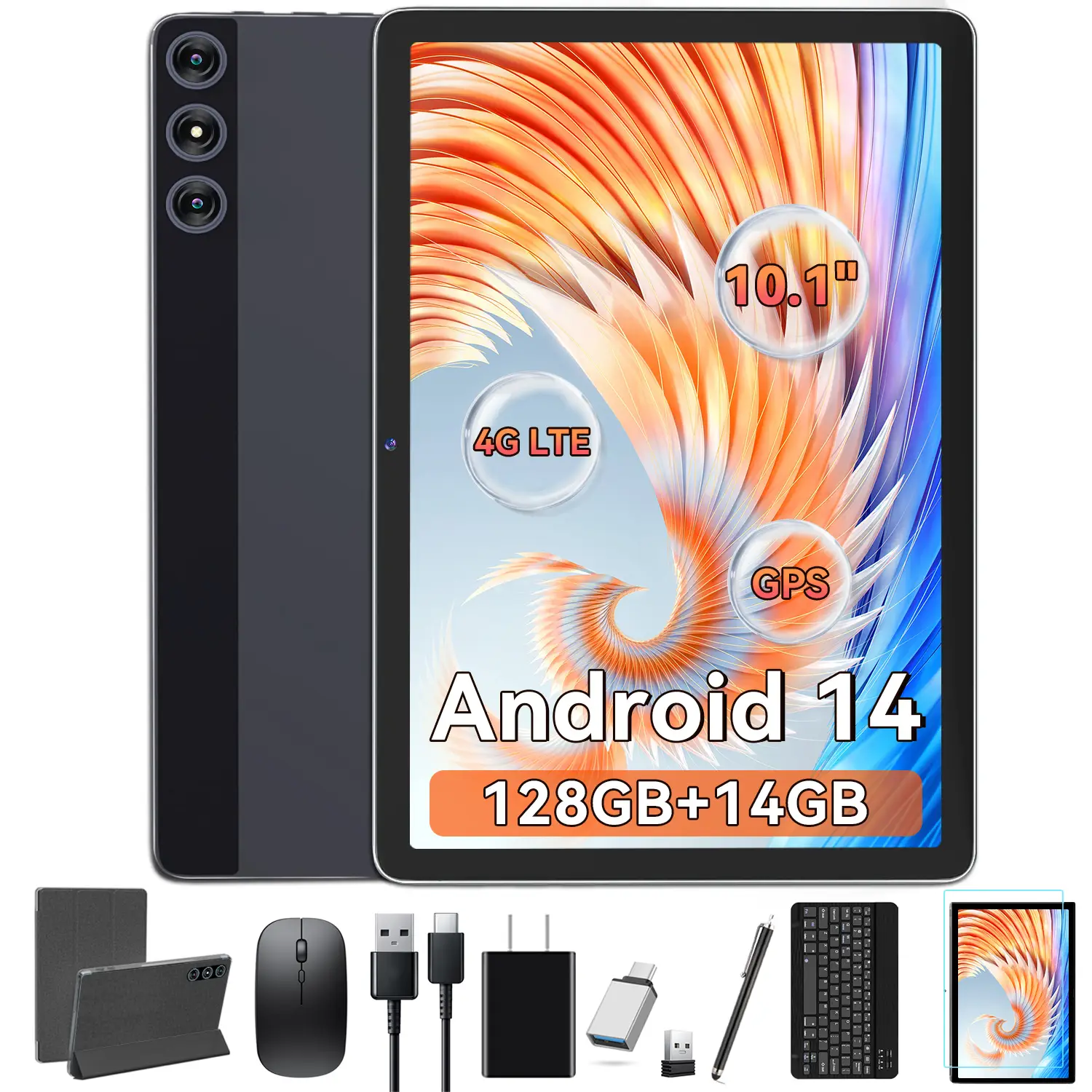 Tablet 10 Inch Android 14 Tablet, Octa-Core 5G WiFi, 4G Cellular Tablet 128GB ROM 14GB RAM, 2025 Newest Tablet with Keyboard Bundle 1TB Expand Android