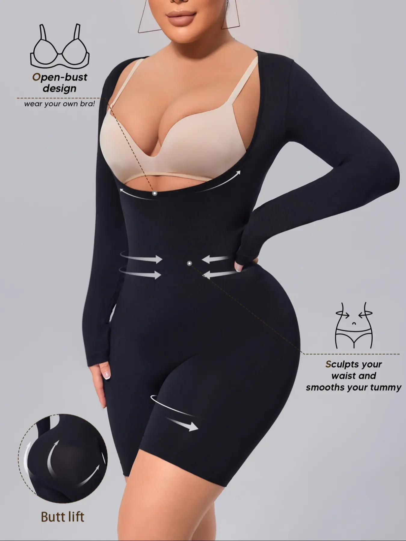 Women's Open-Bust Bra Full Body Shaper with Sleeves, Tummy Control Smooth Waist Sculpting Bodysuit, Butt Lifting Compression Shapewear Shorts, Underwear, Womenswear