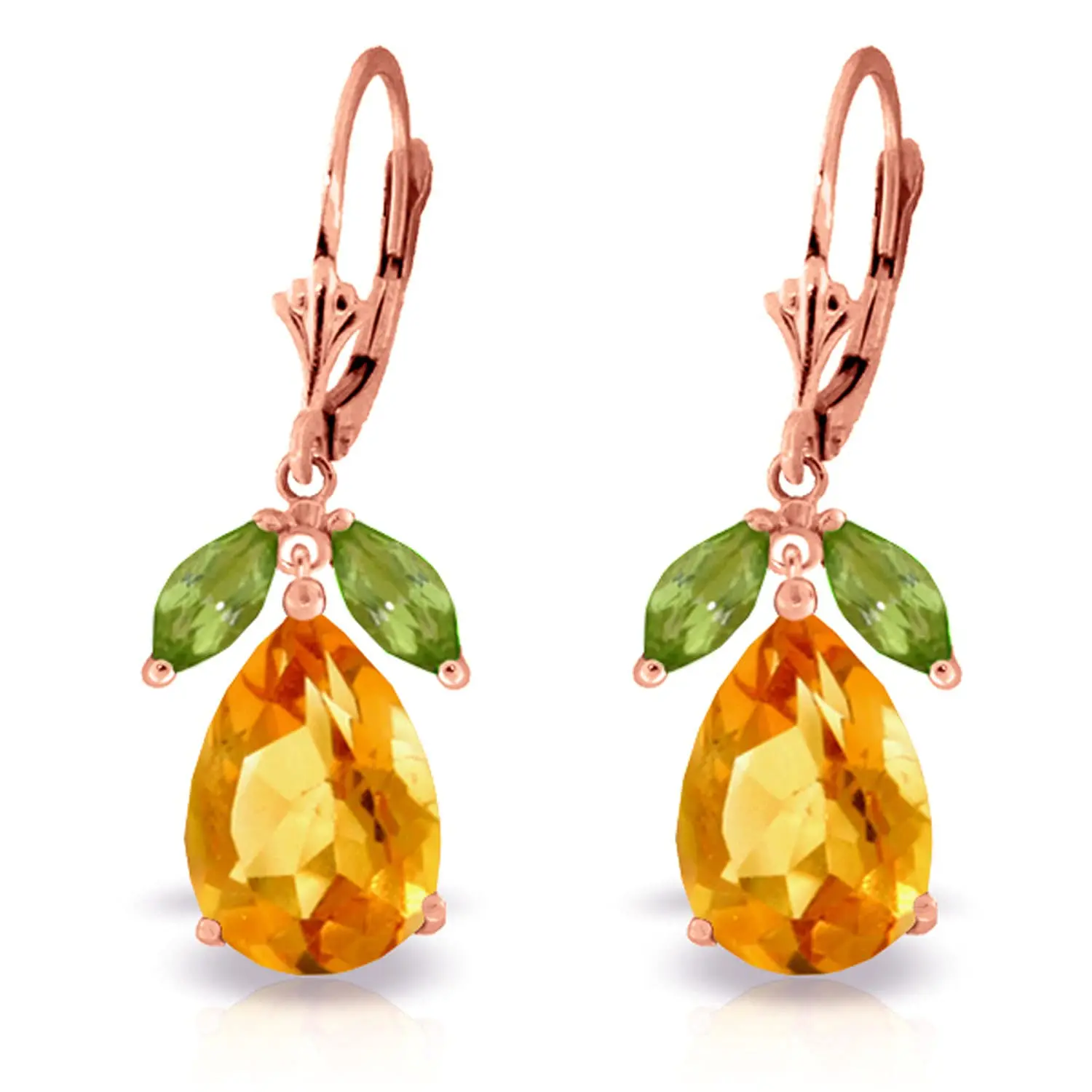 14k Rose Gold Leverback Earrings with Peridots and Citrines