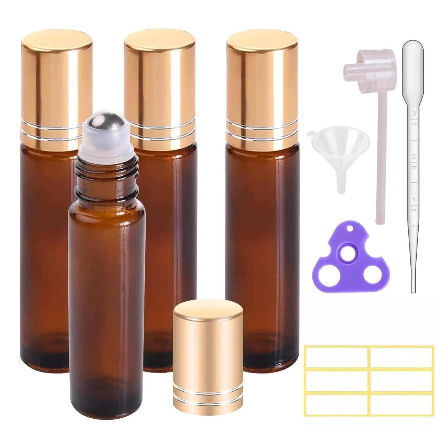 The Brand New 4 Pack, 10 ml Essential Oil Roller Dispenser Bottle with Stainless Steel Roller Ball - Refillable Design Leak-proof Empty Thick Amber Glass Roll on Bottles with Metal Caps for Travel, Perfume, Makeup Bottles