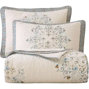 Boho Floral Embroidered Quilted Bedspread Quilt Set 3- Oversize    Lightweight Reversible Coverlet for  Season (Flower,96"x110")
