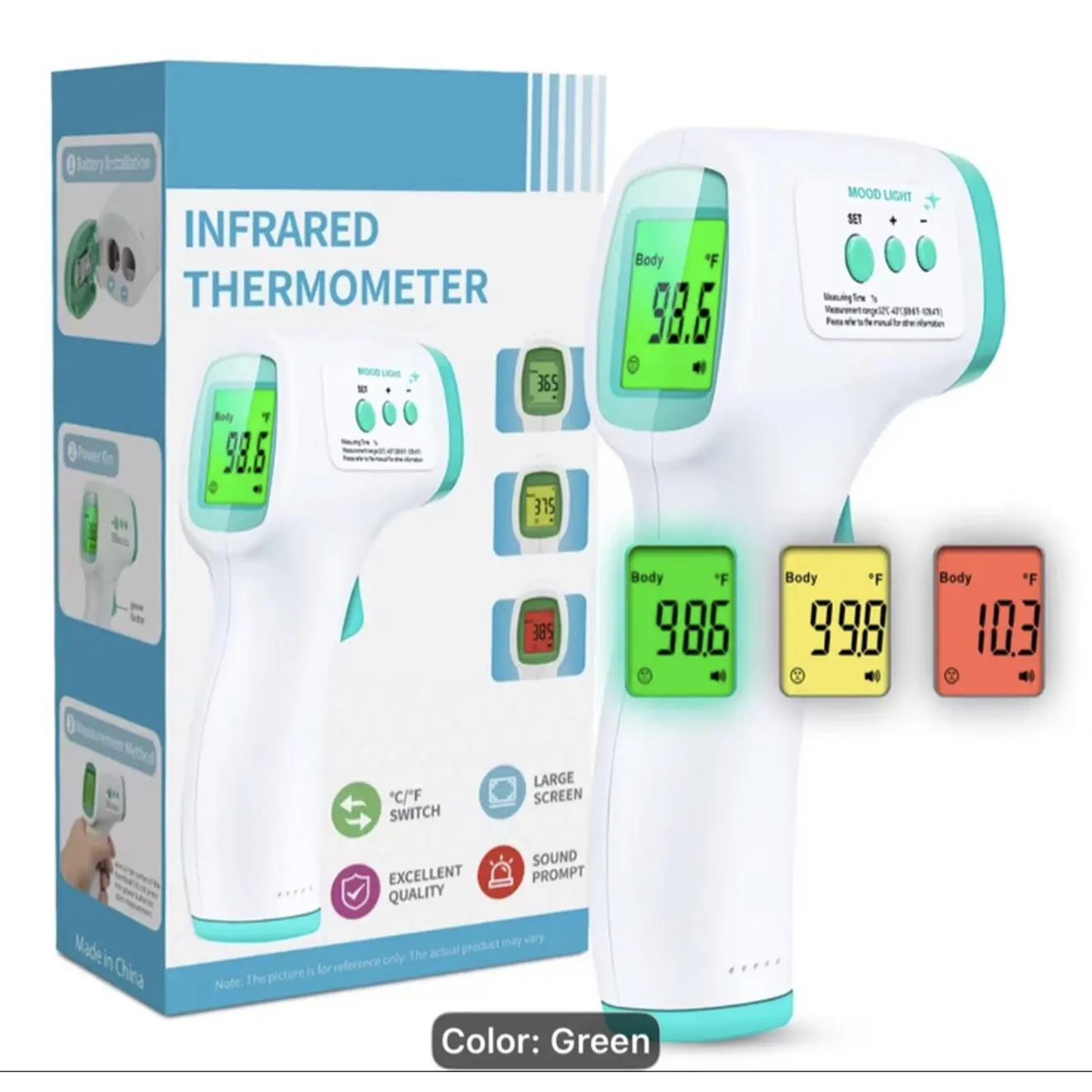 No-Touch Forehead Thermometer for Adults and Kids Digital with Fever Alarm 3 Color Backlit Fast Accurate Results Easy for All Ages Green