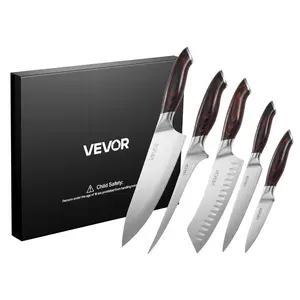 【DealsForYouDays】VEVOR 5-Piece High Carbon Stainless Steel Kitchen Knife Set with Block, Sharp Blades, Durable Rust-Resistant Cutlery, Ergonomic Crack-Resistant Handle for Precise Cutting, Knives