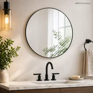 16-Inch Black Metal Round Modern Bathroom Mirror - ARCH Home Improvement Fixture, Modern Mirror Decorative