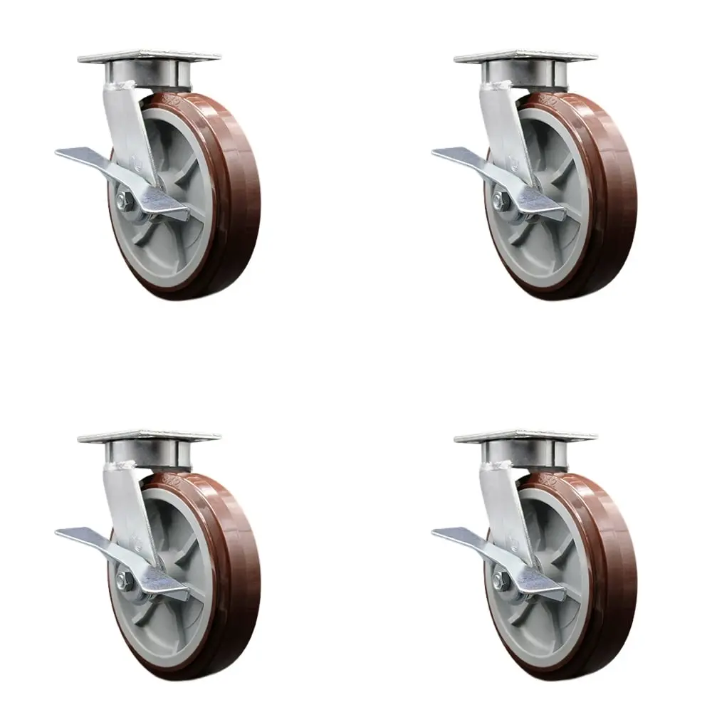 Service Caster SCC-KP30S820-PPUB-SLB-4 Heavy Duty Kingpinless Swivel Metal Bearing Castors - 8 in. Polyurethane Wheels, Ball Bearings - 4000 lbs Total Capacity, Set of 4, Platform, Dollies, Workshop
