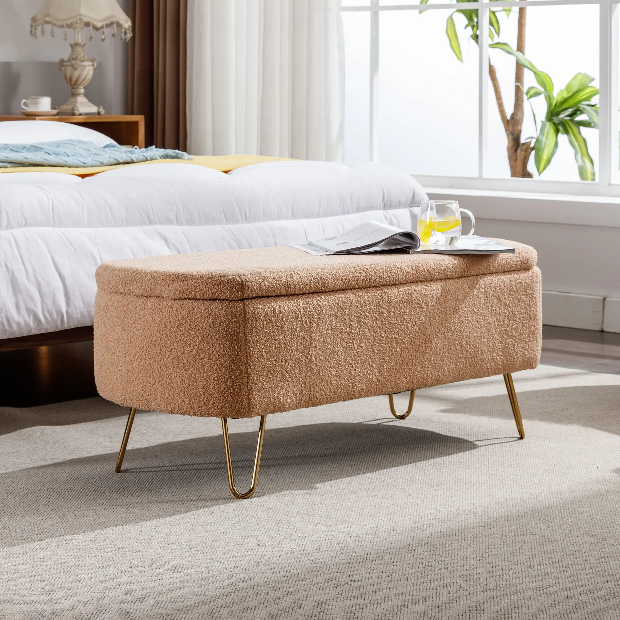 Short Camel Faux Fur Storage Ottoman Bench - Padded Seat, Gold Metal Legs, Hidden Compartment, Plush Comfort, Backless Armless Classic Statement Piece Furniture - Assembly Required for Living Room, Bedroom