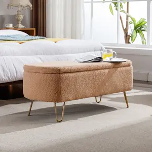 Camel Faux Fur Storage Ottoman Bench with Gold Legs & Hidden Compartment for Living Room Bedroom Entryway Plush Comfort & Versatile Design