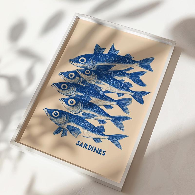 Blue Sardine Print | Blue Fish Print | Sardine Kitchen Print | Retro Sardines Wall Art | Seafood Coastal Kitchen Print | Sardine Art Print | Unframed – 5 Size, 8x12 to 27x40 inch