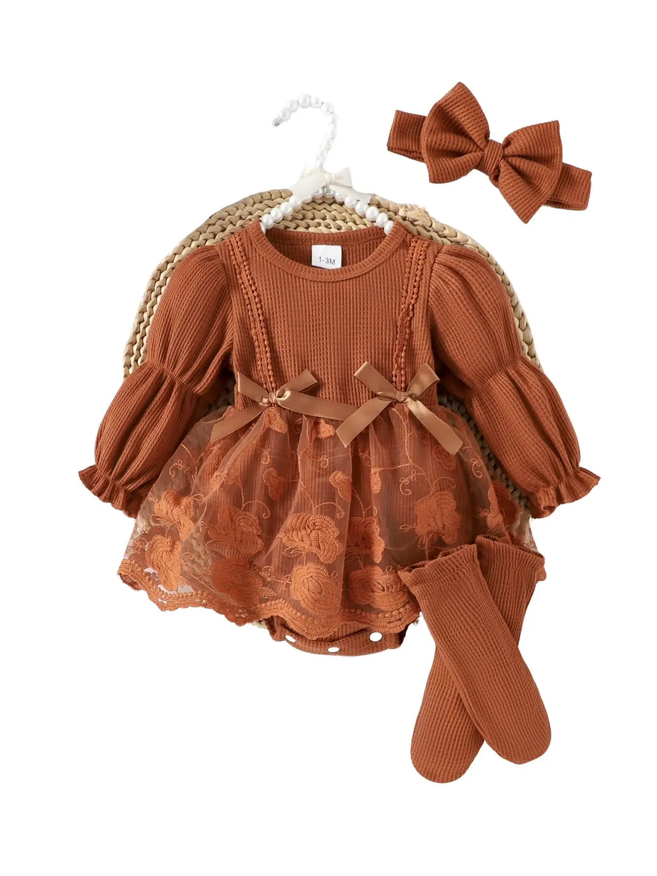Caramel Baby Girl Fall Outfit 1-18 Months Toddler Long Sleeve Waffle Knit Lace Romper Easy Diaper Change 3Pcs Set Baby Girl Clothes, Infant Outfit Bow Headband Socks Spring Winter Baby Clothing