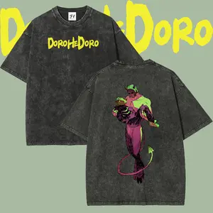 Menswear Dorohedoro Caiman Anime Icon Double-Sided Graphic Washed Cotton Fabric T-Shirt - Retro Short-Sleeve, Vintage Distressed Oversized Loose Fit, Harajuku Dark Manga Aesthetic Unisex Casual Streetwear Tee