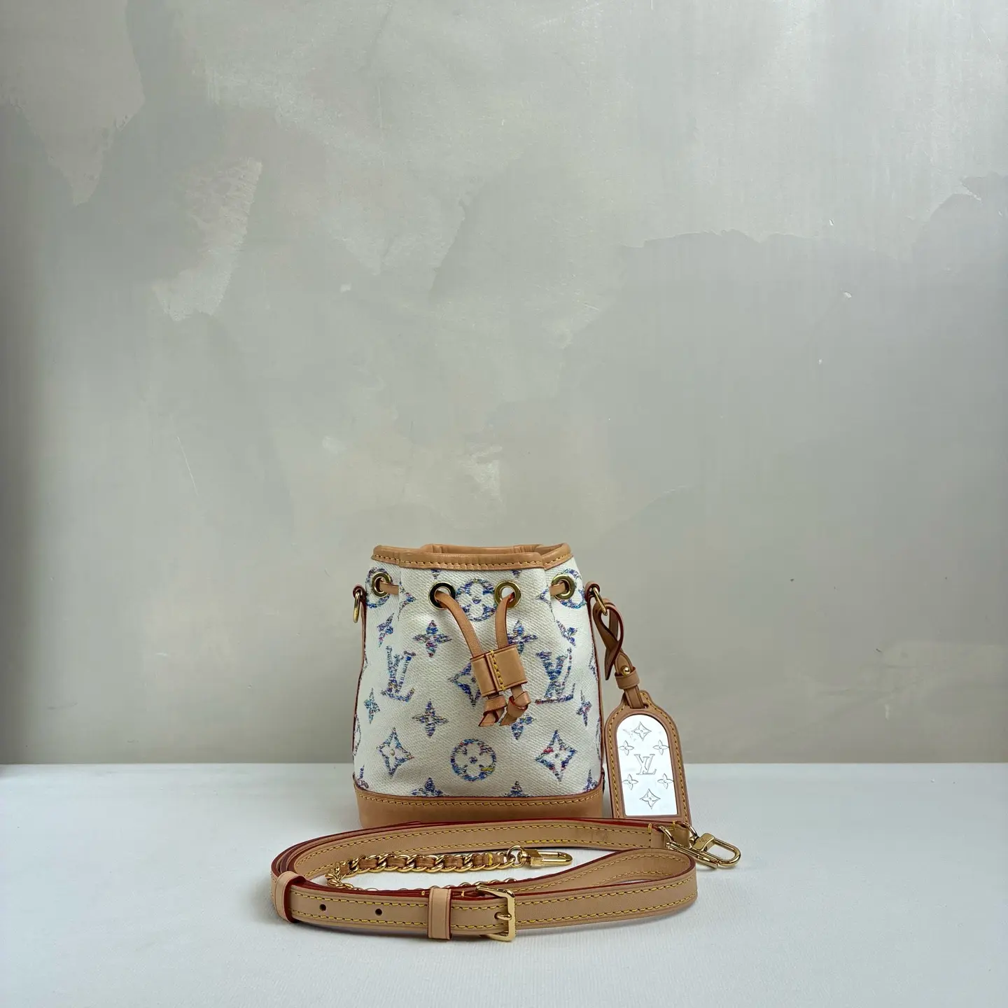Pre-owned Louis Vuitton Nano Noé Fashion Bucket Bag Multicolor Denim Embroidered, Hand Shoulder Style, Everyday Use, with Mirror Tag, Everyday Bags, Hand Shoulder Bag