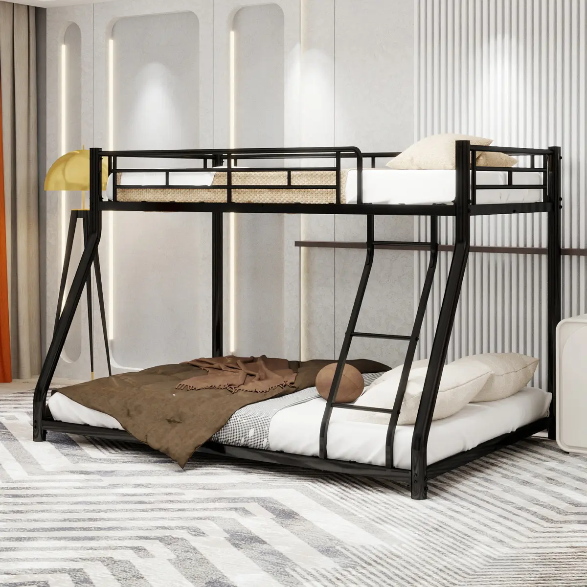 Twin Over Full Bunk Bed, Metal Floor Bunk Bed Frame with Ladder & Full-Length Guardrail, Heavy Duty Metal Slats Support Bed Frame for Teens, Adults, Guests, No Box Spring Needed (Black)