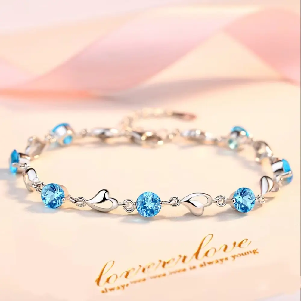 925 Sterling Silver Bracelet for Women, Korean Retro Heart Charm with Blue Zircon Stones, Elegant Dainty Crystal Jewelry Gift, Female