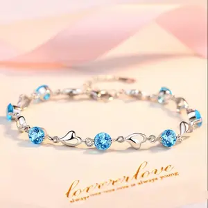 925 Sterling Silver Heart Shaped Zircon Bracelet for Women, Retro Korean Style Blue Crystal Charm Bracelet, Elegant Dainty Party Jewelry Gift for Her, Trendy 2026