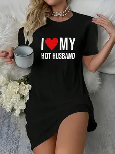 Women's T-Shirt Dress – For wives, ideal for casual/lounge/home scenes. Made of soft fabric, short-length, single-piece black style with "I Love My Hot Husband" print—cozy, stylish relaxed wear. Womenswear