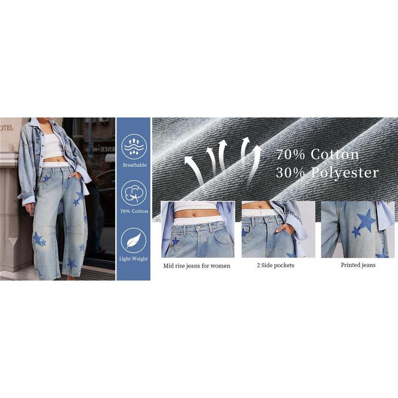 Barrel Jeans Women Wide Leg Baggy Distressed Printed Boyfriend Horseshoe Denim Pants